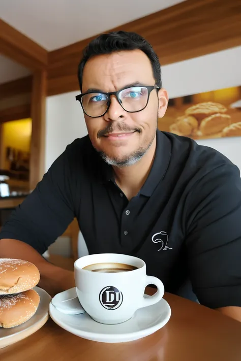 guttonerdjul23, retrato de um garoto de 3 anos de idade usando oculos, sitting at a fafeteria table with a cup of hot coffee and...