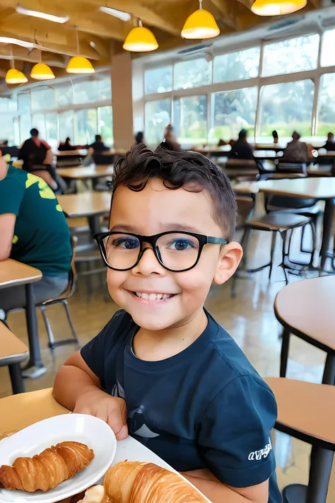 guttonerdjul23, Portrait of a happy 3-year-old boy wearing glasses, sentado em uma ((((cafeteria ao ar livre em londres))), with coffee and croissant on your table