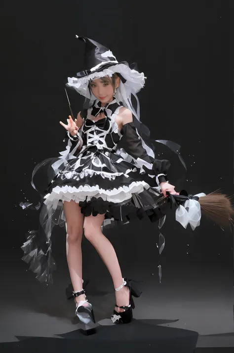 arapei wore a black and white dress，hat with broom, astral witch clothes, fashionable dark witch, witch clothes, classical witch...