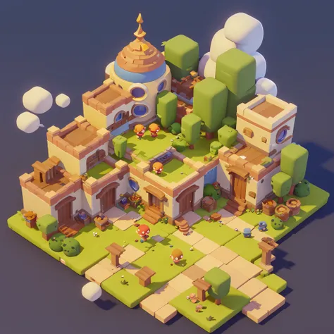 game architectural design, cartoony, towns，plaza，brick，grassy fields，rios，blossoms，bazaars，casual game style, 3d, blender，tmaste...