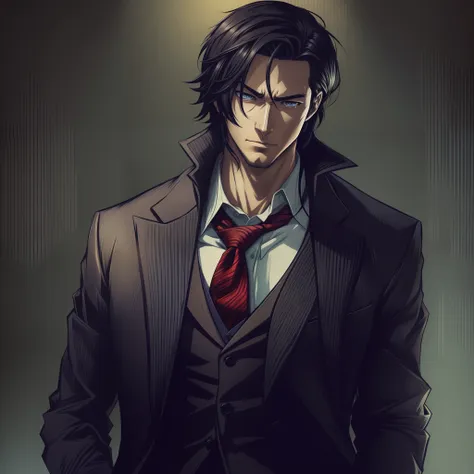 there was a man in a suit and tie standing in a dark room, handsome guy in demon killer art, anime handsome man, anime portrait ...