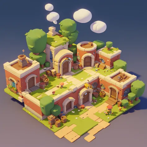 game architectural design, cartoony, towns，plaza，brick，grassy fields，rios，blossoms，bazaars，casual game style, 3d, blender，tmaste...