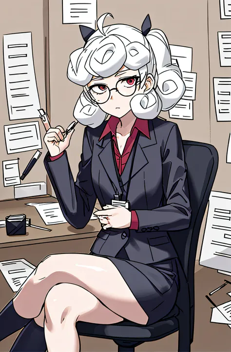 masterpiece, best quality, black skirt, office, documents, sitting down, crossed legs,