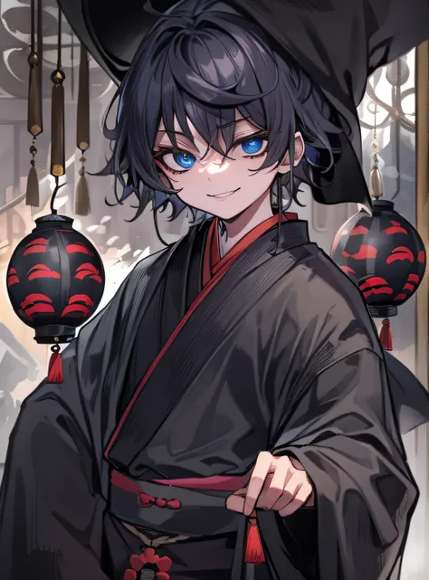 Black-haired boy,Taoist robes,Psychological smile,large tall,Killer eyes,Psychotic eyes,lanterns,Black robe。