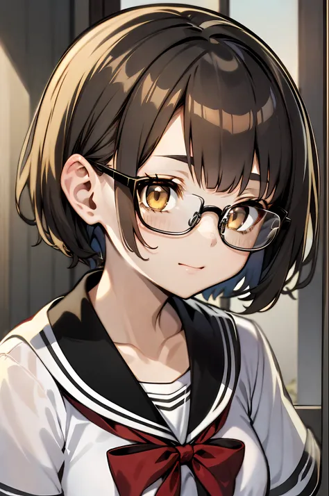 (1 16-year-old girl、a dark-haired、short-hair、straight haired、bow ribbon、light brown eyes、black glasses、small tits、cute  face)、ja...