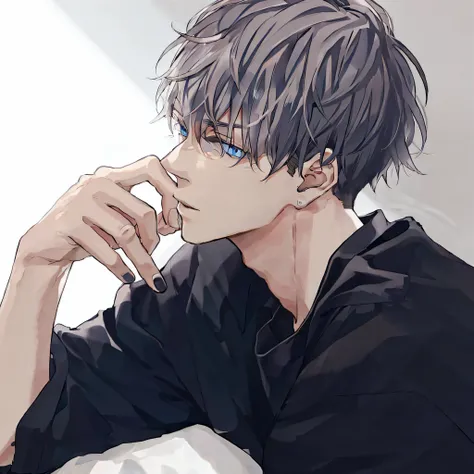 anime handsome boy sitting on white sofa in black shirt,dynamic pose，handsome anime style，eblue eyes，high quality anime portrait...