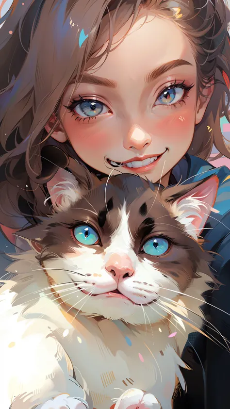 a girl smiles and hugs a cat, big cheeks holding her cat, grumpy cat smiling ear to ear, profile picture, there is a cat next to...