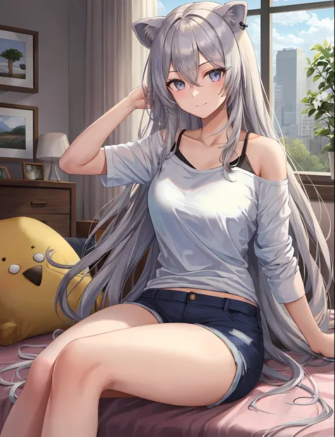 (masterpiece:1.3), (absurdres:1.3), (best quality:1.3), (ultra-detailed:1.3),(best shadow:0.7), (handled hair), ,perfect anatomy, 1girl, solo, botan, silver hair, silver eyes, long hair, lion ears, very long hair, bangs, hair between eyes, large breasts,  single bare shoulder shirt long, white shirt, sport_shorts, indoors, bedroom, sitting on bed, slightly smile, look at viewer, printed shirt,