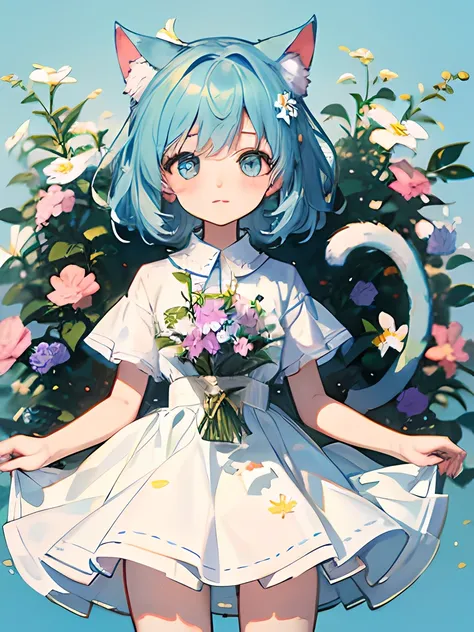 （​masterpiece、top-quality）、flowers background、loli alone、sentimental、white  clothes、frilld、lightblue hair、bare-legged、cat's ears