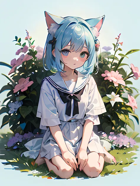 （​masterpiece、top-quality）、flowers background、loli alone、sentimental、white  clothes、frilld、lightblue hair、bare-legged、cat's ears