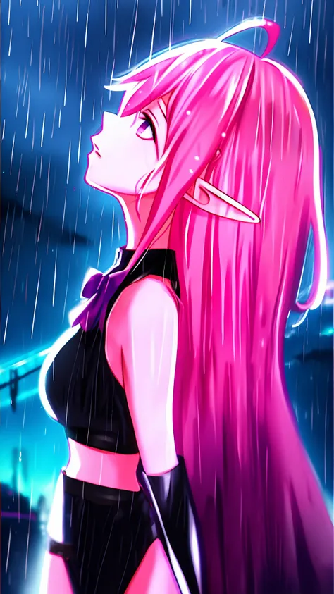 Keera, 1girl, pink hair, hair spread out, hair between eyes, very long hair, bowtie, parted lips, pointy ear, purple eyes, sleeves past wrists, black sleeves, black shorts, belt, detached sleeves, ahoge, heart necklace, navel, expressionless, blade runner ...