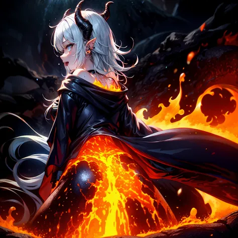 1girl in,Solo,(from behind,Upper body),Bathing,Wet,(eruption),Lava Girl,lava,the magma,Lava splash,Demon Girl,tongue ,spiky_Ears,piercings,Small chest, The tattoo,Blue eyes,hair messy,Long hair,Silver hair,Black cloak,cloak with hood,demon tail,Shiny skin,...