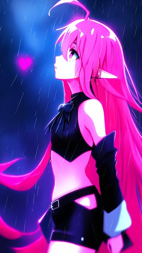 Keera, 1girl, pink hair, hair spread out, hair between eyes, very long hair, bowtie, parted lips, pointy ear, purple eyes, sleeves past wrists, black sleeves, black shorts, belt, detached sleeves, ahoge, heart necklace, navel, expressionless, blade runner ...