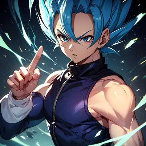 masterpiece, best quality, Vegeta super Saiyan blue, blue hair Blue Lightning Point ones finger at oneself