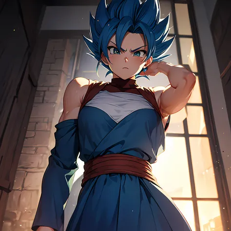 masterpiece, best quality, Vegeta super Saiyan blue, blue hair Blue Lightning Point ones finger at oneself