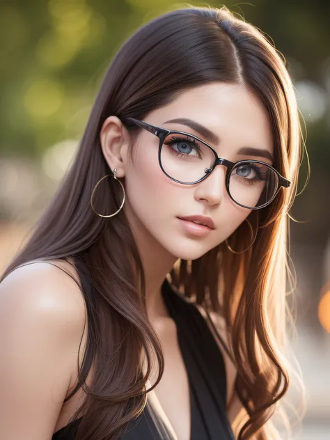 super model in her 20s with full eyes with dark ginger long detailed hair with detailed face and detailed body with glasses, pel...