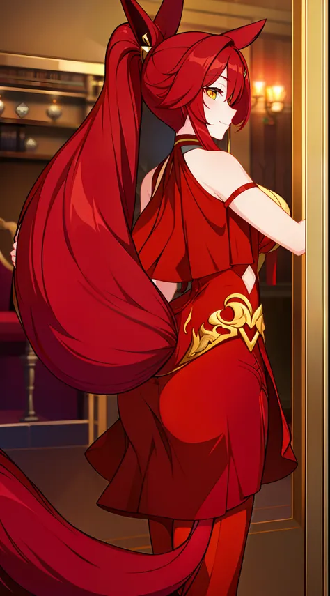 Adult woman, Long red hair, high ponytail, Yellow eyes, fox ears and tail, Luxurious open dress, pomade, ssmile, Masterpiece, hiquality
