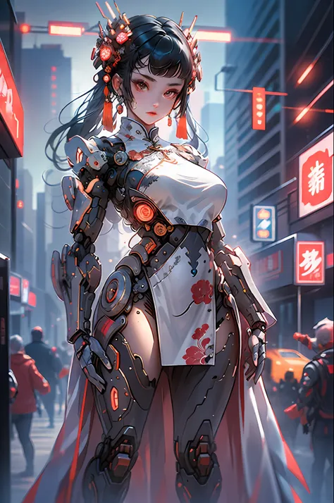 a beautiful girl, full body, clear facial features, amazing facial features, ancient chinese costumes, chinese cyberpunk, cyberp...