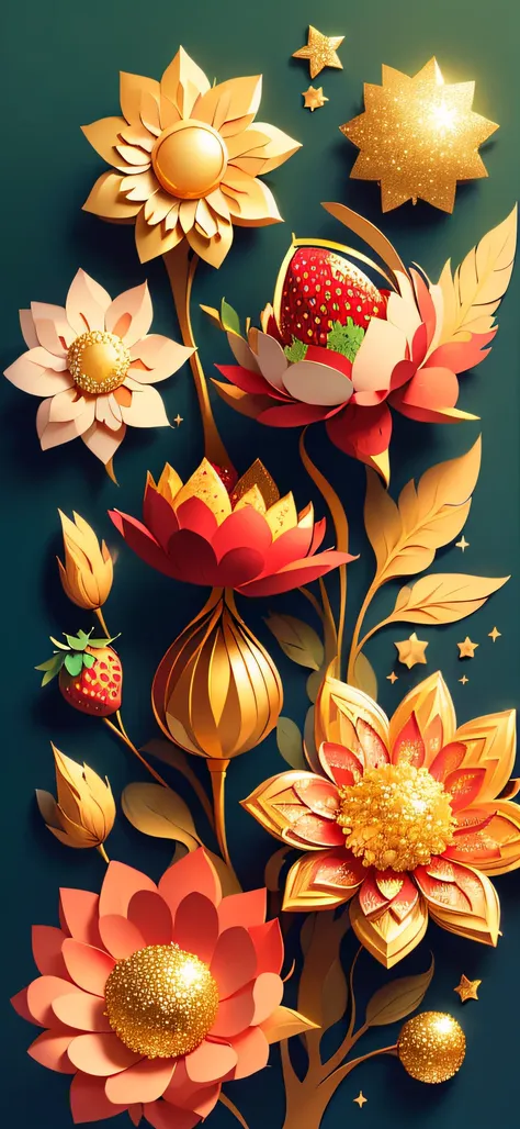 ((((masterpiece))), best quality, illustrations, beautiful details glow, gold glitter, paper_cut, morango, strawberry flowers, s...