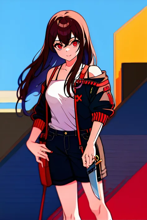 brunette girl red pick and dye, red eyes, red eye makeup, casual clothes, crop button, bare shoulders, cyberpunk, dark night, ta...