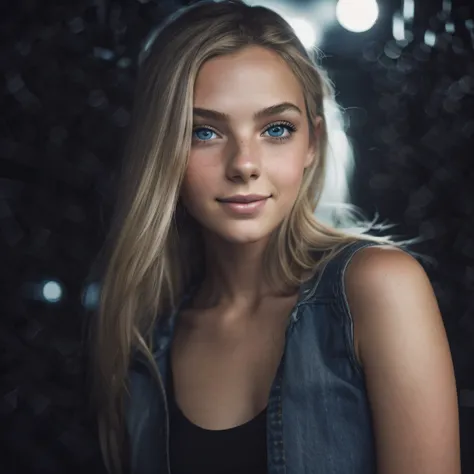 white girl, 16 years old, open cool girl., hip-hop, black vest jeans, blue eyes, smile, blond hair :: little cheekbones freckles...