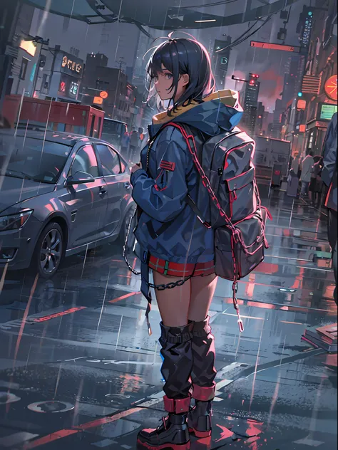 1girl, jacket, rain, outdoor, hoodie, open jacket, chain, backpack, looking at another, messy hair, trending on artstation, 8k resolution, highly detailed, anatomically correct, sharp image, digital painting, concept art, trending on pixiv, style of makoto...