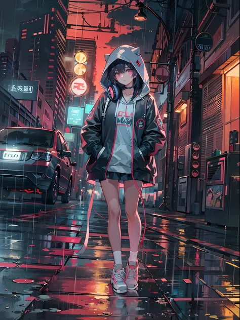 masterpiece, girl alone, solo, incredibly absurd, hoodie, headphones, street, outdoor, rain, neon,