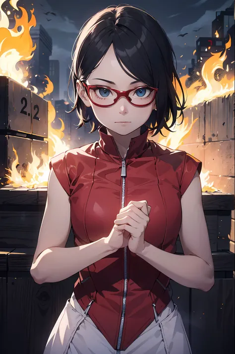 absurdres, Sarada, (melhor qualidade), (obra-prima), (ultra-detalhado: 1.2), (highres), de cima, fundo Yin Yang, solo, (vento: 1.4), (rodopiando: 1.3) (, fogo azul: 1.3), (burning hands: 1.1), Fogo