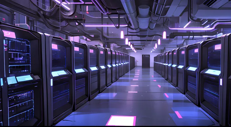 a dimly lit corridor with rows of data and computer screens and bitcoin symbols, background is data server room, hacking no main...