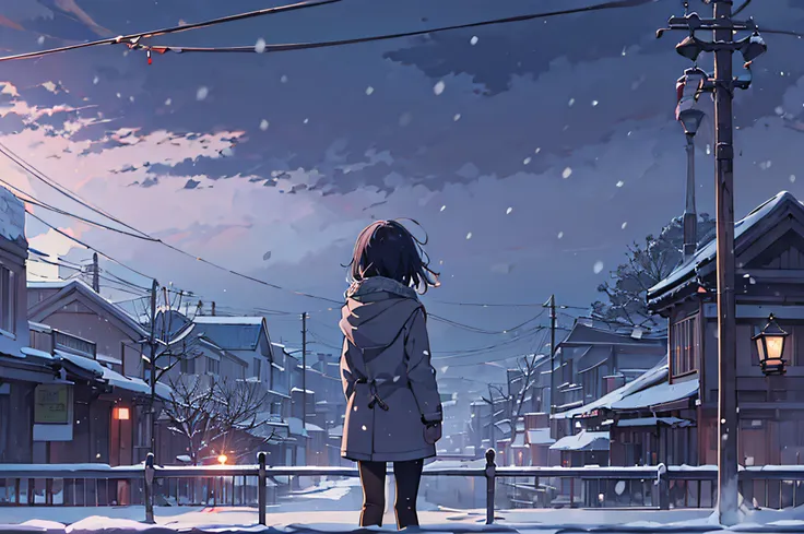 one girl staring at the sky in the distance、alone、black long-haired、grey duffel coat、check muffler、shortpants、black tights、long ...