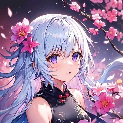 1 chinese style girl,white color hair，blossoms，lixian flower，in the style of light pink and light azure，dreamy romantic composit...