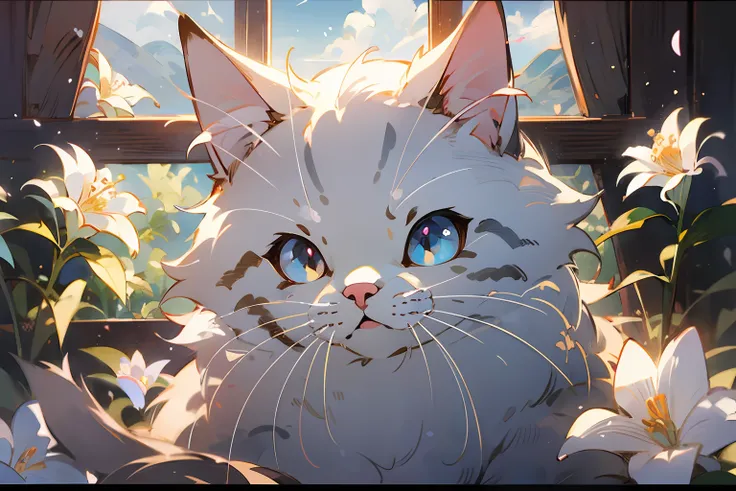 cute white puppet cat, hayao miyazaki dream style, surrealist animal illustration, bow, flowers, window, sky, meiji art, light c...