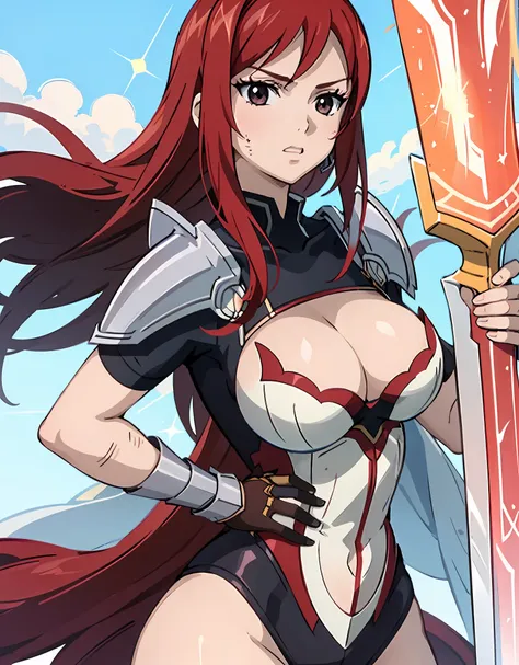 1 girl, leotard, cleavage, (red lips:0.6),skin tight,erza scarlet, brown eyes,red hair, holding divine sword,big breasts