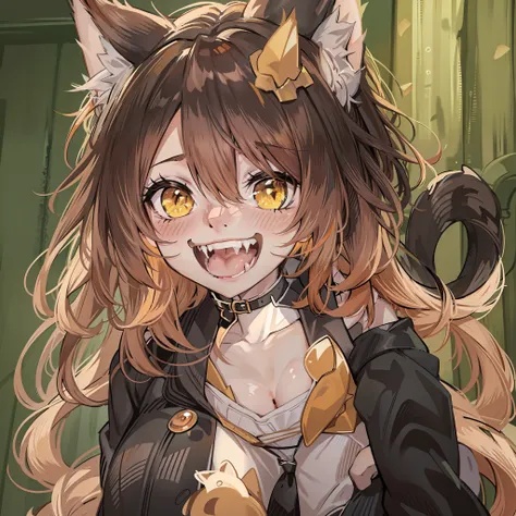 anime cat girl wearing cat ears and a cat tail, black and orange wavy hair, calico cat, light yellow eyes, smirk, sultry express...