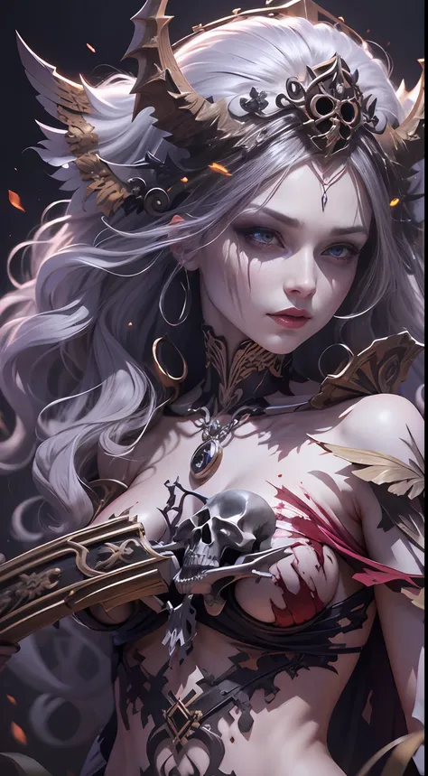 Undead Maiden,  3D，Delicate and seductive face，Wears rococo intricate black bone joint armor, Upturned breasts，Skulls are everywhere， ripped apart, Exquisite bone blood stained with blood，There is a bone crown on the head，The expression is hideous, Heteroc...