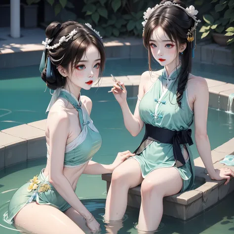 A fair-skinned classical Chinese woman bathes in a waterhole,Pool water and waist, And is preparing to untie the jade hairpin tied by his hair,She has wide eyes and red lips,Manners are genteel,Look at this side shyly and affectionately,We can see that she...
