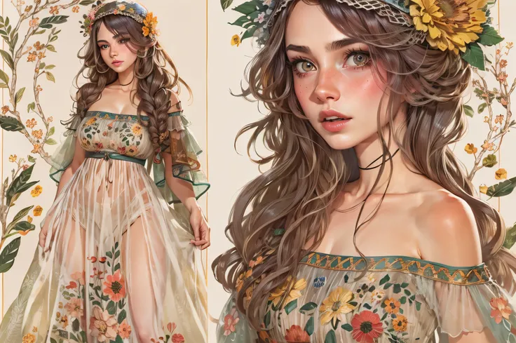 lwsh, illustration of a cute woman, The Bohemian Beauty, A flowing bohemian-inspired dress with layers of sheer fabric, embroidered details, and a floral crown