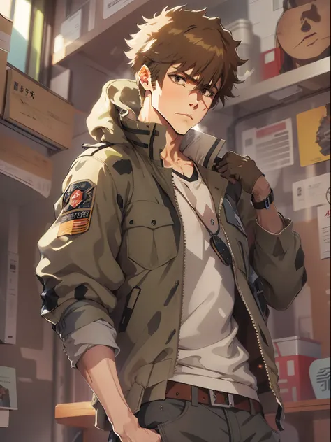 animesque。male style image。genkamikaze。beautiful youth。brown shorthair。thief。brown flight jacket。pixiv art station。delicate boy。...