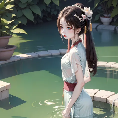 A fair-skinned classical Chinese woman bathes in a waterhole,Pool water and waist, And is preparing to untie the jade hairpin tied by his hair,She has wide eyes and red lips,Manners are genteel,Look at this side shyly and affectionately,We can see her from...