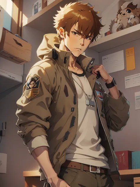 animesque。male style images。genkamikaze。beautiful youth。brown shorthair。thief。brown flight jacket。pixiv art station。delicate boy...