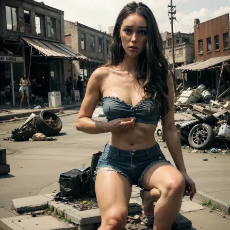 ultra-realistic photo of alicia debnam carey, (((torn, strapless shirt with cleavage spilled, ripped short jeans))), masutepiece...