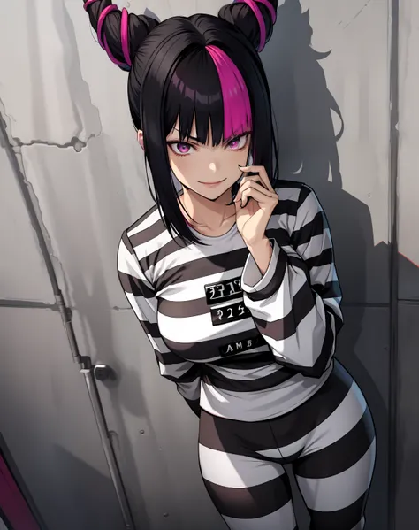 masterpiece, best quality, 1girl, jurims, hair horns, multicolored hair, bangs,sadistic smile, seductive look, priclothes, strip...