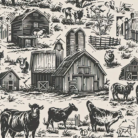 farm, a barn, few animals around, logo design, black and white, ink, stencil, very simple, white background