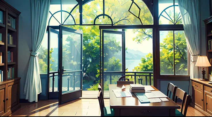 anime: ambiente cuidadosamente organizado para o estudo. The table is positioned next to the window, allowing natural light to gently illuminate the space. Books and notebooks are meticulously lined up, evidencing their dedication to learning. Uma estante ...