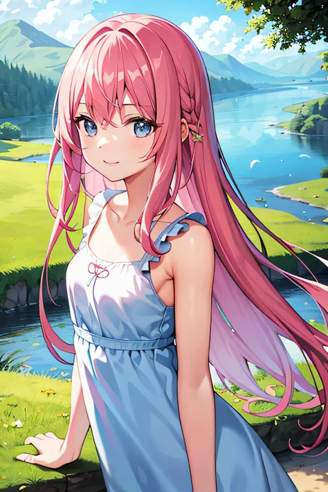 masterpiece, best quality, 1girll, upper body, nature, reeds, full bloom, light smile, long hair, pink hair, blue eyes, angle of...