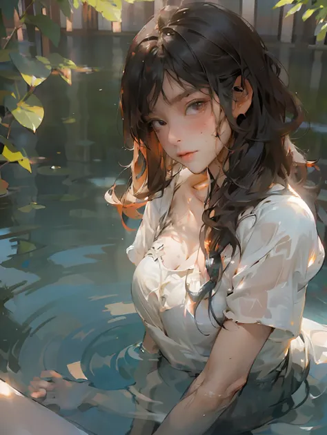Symmetrical, High Detail RAW Color Photo Professional Close-Up Photo, [:( High Detail Face: 1.2): 0.1], (PureErosFace_V1: 0.8), Double tail, half body, pores, real skin, breast focus, straight up, an 18 year old woman under a waterfall, body in contact wit...