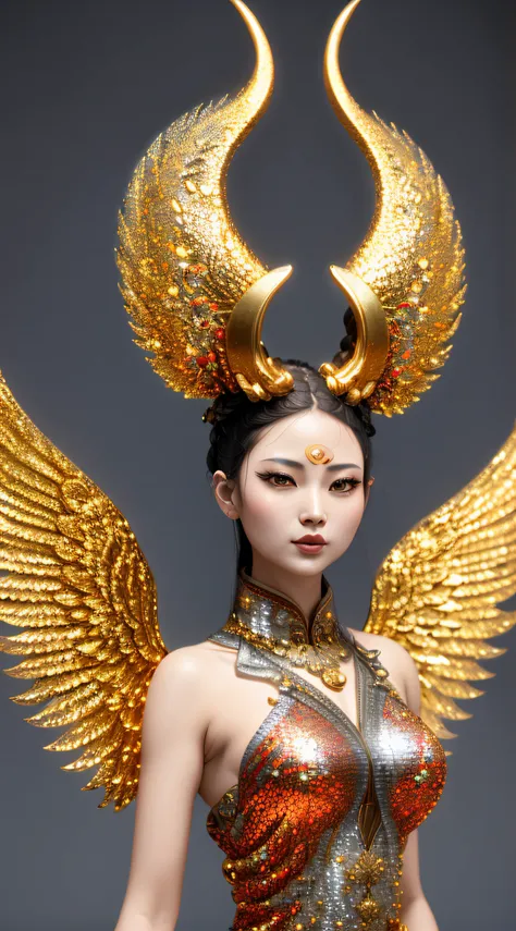 16k, RAW photo, Top quality, Masterpiece: 1.2, Realistic, Photorealistic:(barebacked)Light orange fish scale braid:,There is a woman with golden wings and a red dress, Goddess. Extremely high detail, gold wings on head, cinematic goddess close shot, chines...