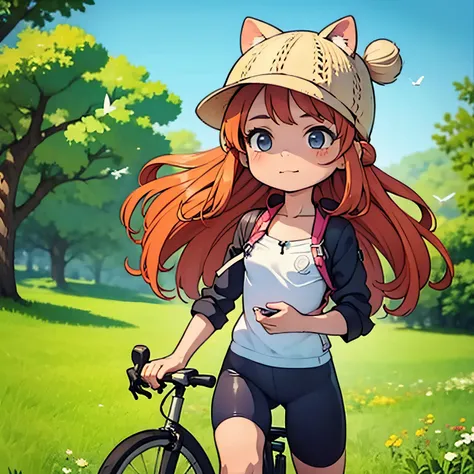 girl leisurely riding a bicycle，long hair fluttering in the wind，wearing a cute hat