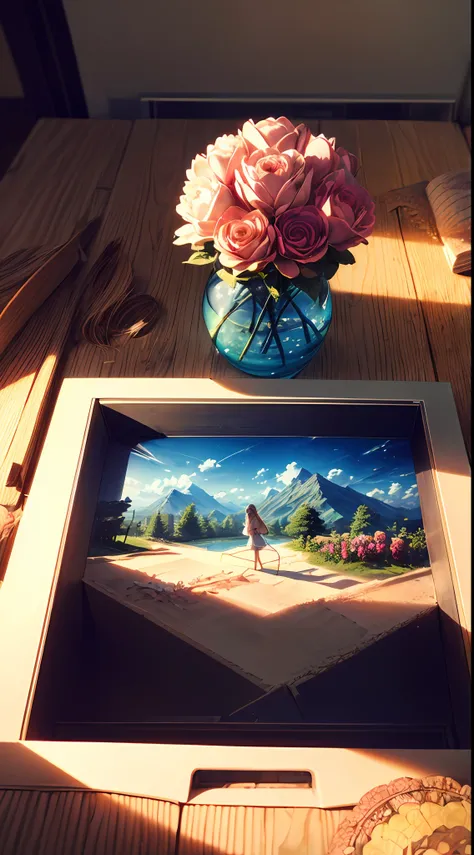 (sandbox:1.4),Movie Angle,(Sun, White clouds, Mountains, ln the forest, rivers),(paper art,Quilted paper art,geomerty),(Extremely colorful, Best quality, Detailed details, Masterpiece, offcial art, movie light effect, 4K, Chiaroscuro),Rose rose,peach bloss...