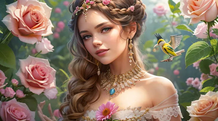 uma noiva cor de rosa, dressed in a dazzling dress adorned with lace and pearls, walks delicately in a magical garden. her hair ...